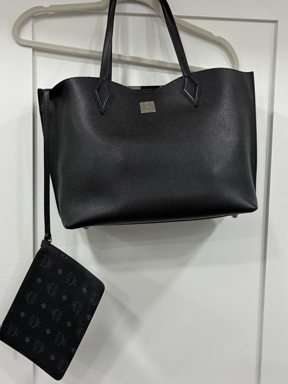 Authentic MCM Black Reversible Shopper Tote w/ Detachable Pouch